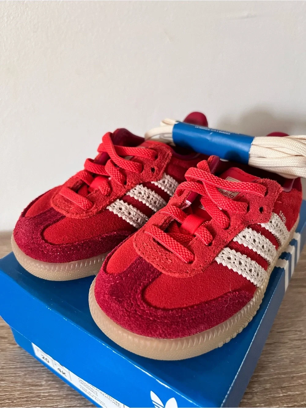 adidas baby/toddler Samba Red Suede Sneakers with White Stripes